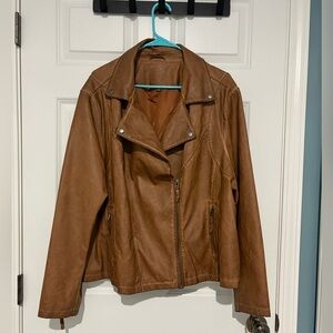 Max Studio Brown Faux Leather Moto Jacket Asymmetrical Zipper